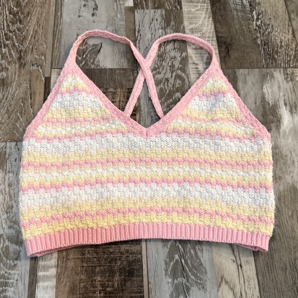 Womens Y2K Knit Bralette Top XS Pink Yellow White‎ Pastel Cotton Striped Crochet